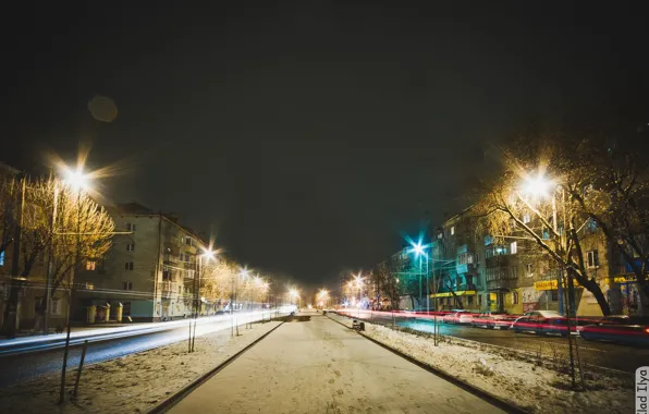 Картинка car, снег, машины, ночь, city, город, lights, Улица