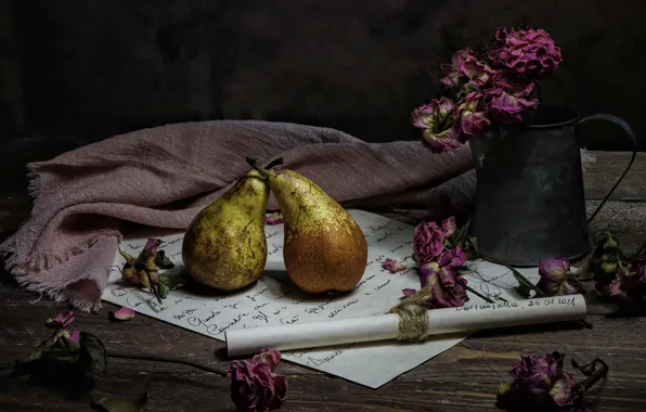 Цветы, натюрморт, груши