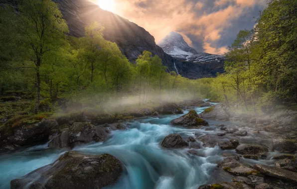 Картинка деревья, горы, ручей, Норвегия, речка, Norway, Romsdalen Valley, Долина Ромсдален