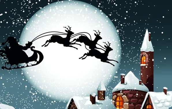Картинка снег, луна, крыши, подарки, сани, дед мороз, олени, новогодняя ночь