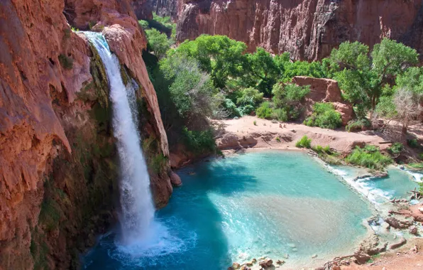 Озеро, скалы, водопад, Аризона, light, Arizona, havasu falls, HAVASUPAI