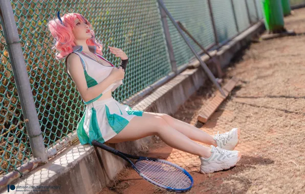 Картинка cleavage, Asian, model, women, cosplay, sitting, video games, tennis court