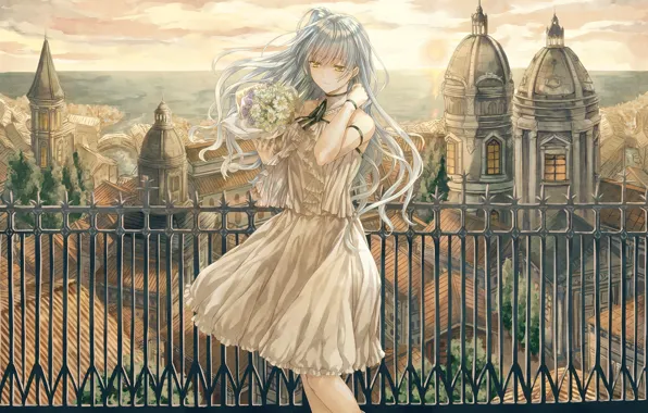Девушка, цветы, город, anime, art, saijou yukina