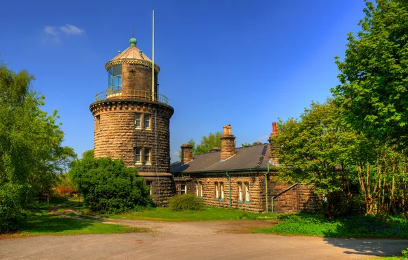 Картинка зелень, лето, солнце, деревья, маяк, Англия, кусты, Bidston Lighthouse
