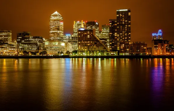 Картинка ночь, город, река, Англия, Лондон, здания, небоскребы, Великобритания