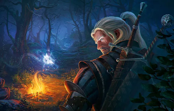 Лес, ночь, костер, rpg, witcher, The Witcher 3: Wild Hunt, Wild Hunt, Geralt