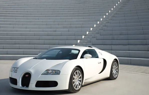 Белый, ступени, суперкар, Bugatti Veyron, бетон, гиперкар