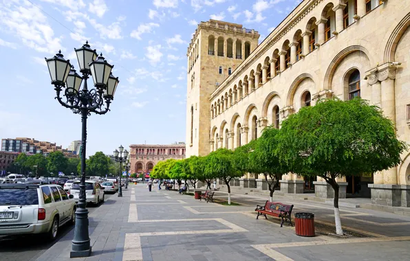 Картинка Дома, Деревья, Улица, лавочки, Армения, Yerevan, Уличные фонари