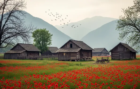 Поле, горы, обои, маки, wallpaper, field, mountains, ферма