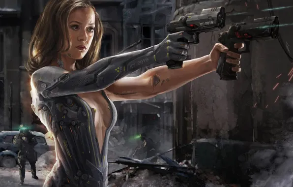 Guns, girl, fantasy, android, science fiction, sci-fi, weapons, digital art