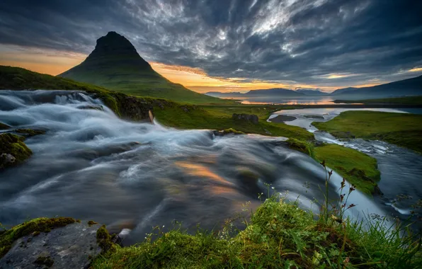 Картинка лето, река, рассвет, гора, поток, утро, Исландия, Kirkjufell