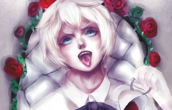 Цветы, чай, мальчик, арт, чашка, Тёмный дворецкий, kittysophie, Kuroshitsuji