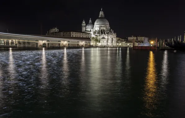 Картинка море, вода, свет, ночь, город, отражение, Италия, Венеция