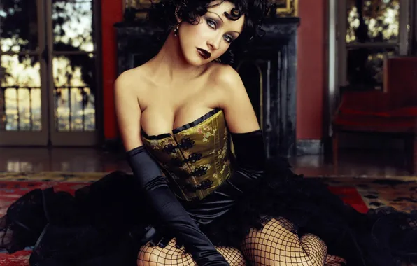 Поза, брюнетка, певица, корсет, Christina Aguilera, сидит, кудри, знаменитость