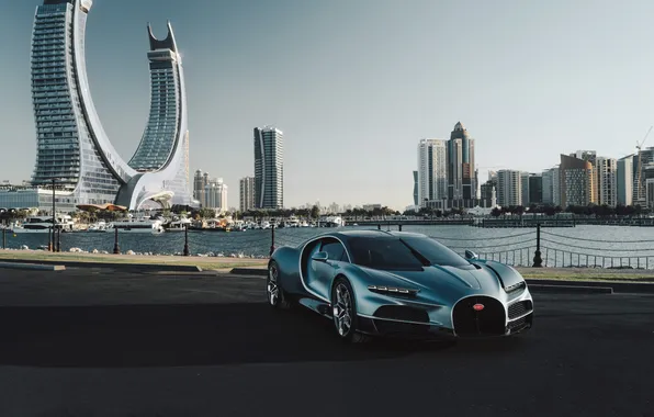 Город, Озеро, Bugatti, Небоскребы, supercar, power, Qatar, Doha