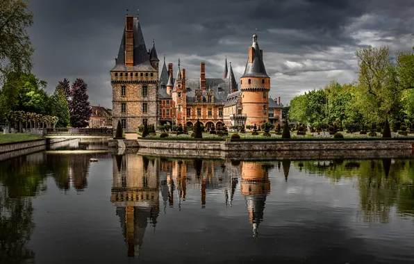 Вода, деревья, парк, отражение, замок, Франция, архитектура, France