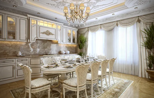 Цветы, стол, мебель, стулья, интерьер, потолок, кухня, люстра