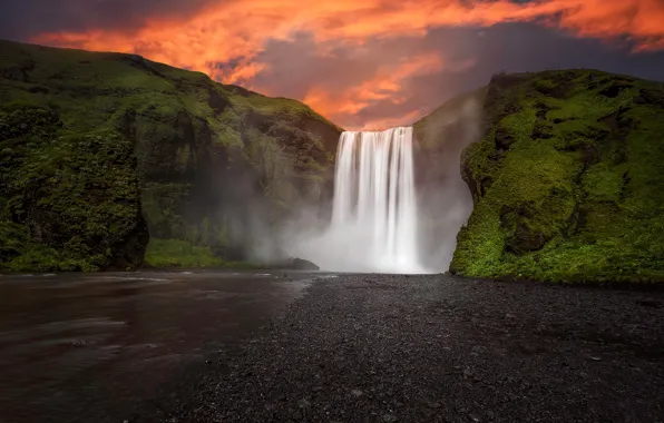 Закат, скала, река, камни, водопад, мох, вечер, Исландия