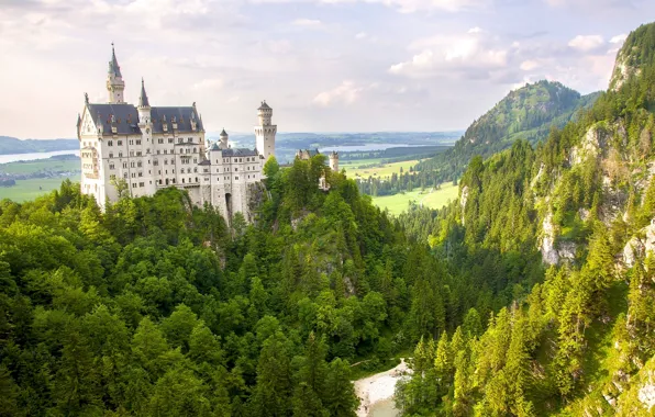 Картинка лес, горы, Германия, Бавария, панорама, Germany, Bavaria, Neuschwanstein Castle, Замок Нойшванштайн