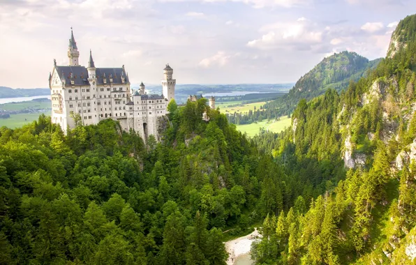 Лес, горы, Германия, Бавария, панорама, Germany, Bavaria, Neuschwanstein Castle