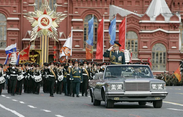 Картинка праздник, солдаты, Москва, генерал, флаги, Россия, Красная площадь, автомобиль