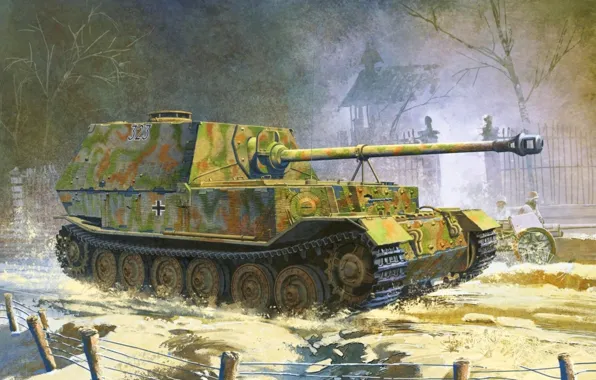 Картинка рисунок, немцы, сау, вермахт, самоходно-артиллерийская установка, истребитель танков, elefant, элефант