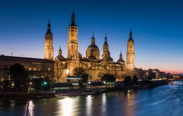 Ночь, река, собор, Испания, Сарагоса, Nuestra Senora del Pilar, Нуэстра-Сеньора-дель-Пилар