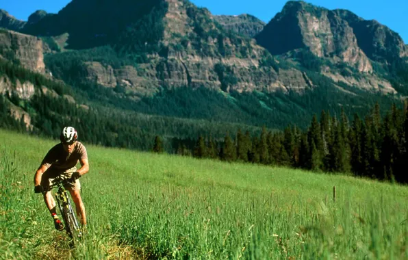 Горы, природа, спорт, велосипедист, mountain bike