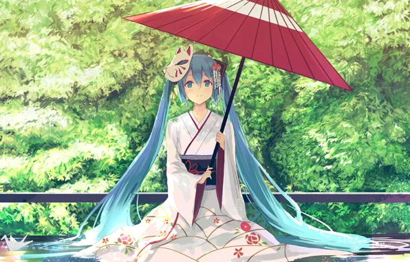 Девушка, зонт, Hatsune Miku, Vocaloid, Вокалоид, Хатсуне Мику