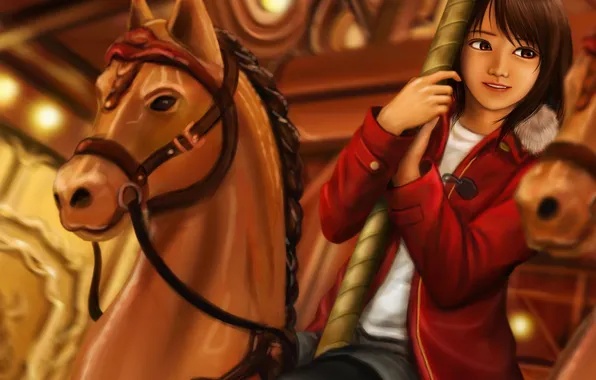 Картинка девушка, улыбка, лошадь, карусель, art, ebi
