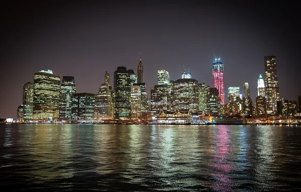 Картинка ночь, город, Нью-Йорк, небоскребы, панорамма