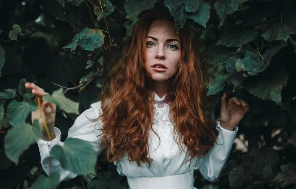 Girl, Green, Color, Eyes, Portrait, Leaves, Redheaded, Оксана Бутовская