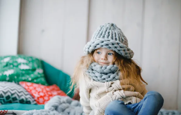 Улыбка, шапка, джинсы, шарф, девочка, happy, smile, cute