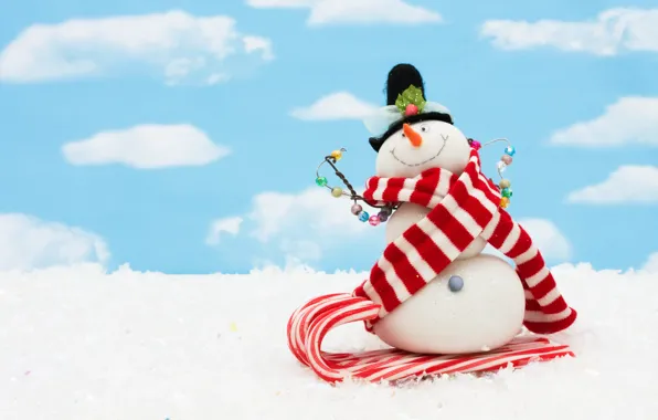 Картинка небо, облака, снег, шарф, Рождество, Новый год, снеговик, new year