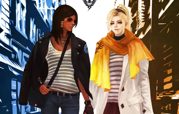 Девушка, art, overwatch, Mercy, Angela Ziegler, pharah, Fareeha Amari