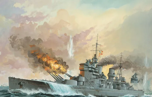 Картинка море, огонь, дым, рисунок, арт, выстрелы, линейный корабль, морской бой
