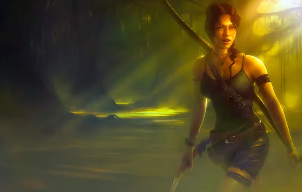 Картинка лес, вода, девушка, свет, болото, лук, арт, Tomb Raider
