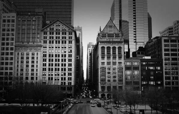 Картинка здания, небоскребы, черно белое, америка, чикаго, Chicago, сша, высотки