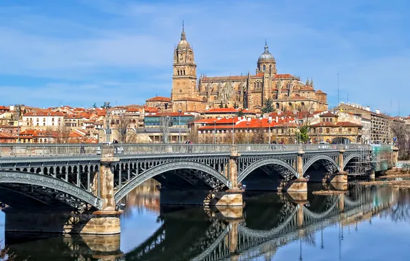 Картинка мост, река, дома, собор, Испания, Саламанка, Тормес