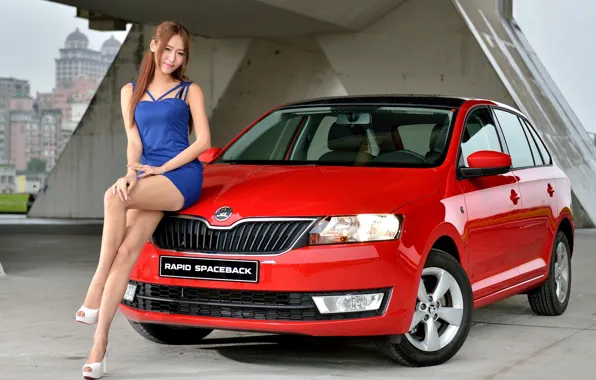 Картинка взгляд, Девушки, азиатка, красивая девушка, Škoda, красный авто, позирует над машиной
