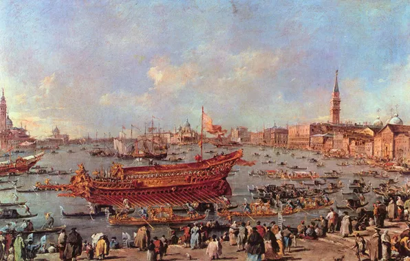 Люди, праздник, корабль, лодки, венеция, италия, francesco guardi, франческо гварди