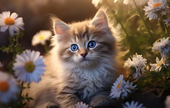 Кошка, взгляд, цветы, поза, котенок, портрет, голубые глаза, мордашка