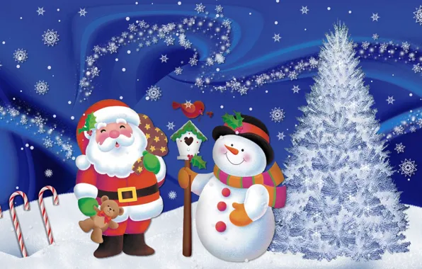 Картинка снег, снежинки, настроение, праздник, новый год, арт, снеговик, дед мороз