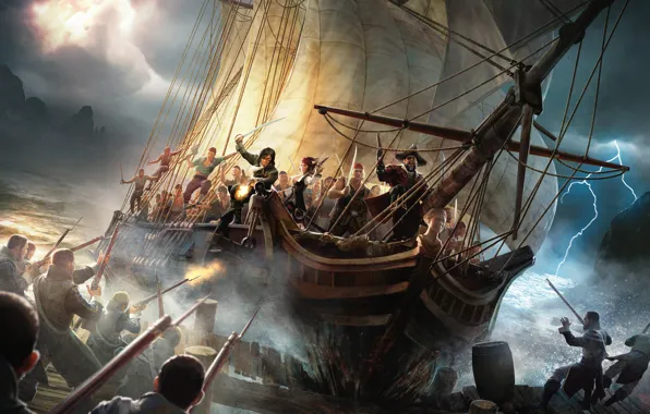 Картинка гроза, шторм, оружие, молнии, корабль, парусник, пирс, пираты