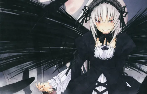 Ночь, перья, полнолуние, красные глаза, ухмылка, Suigintou, черные крылья, Rozen Maiden