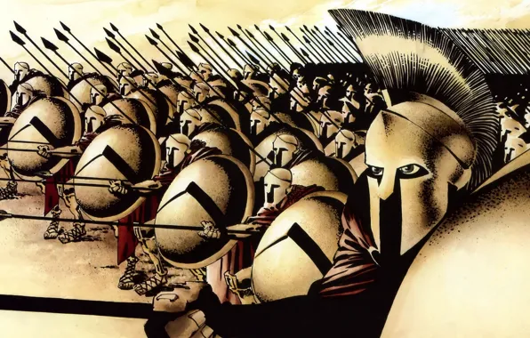 Рисунок, войны, 300 спартанцев, шлем, щиты, копья, спартанцы, sparta