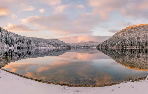 Картинка light, sunset, snow, reflexion, Reflet sur la lac de Longemer