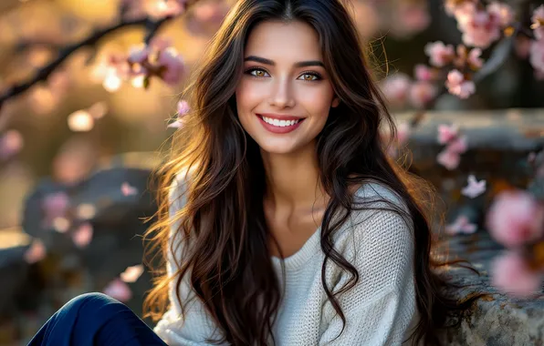 Взгляд, девушка, цветы, ветки, поза, улыбка, портрет, весна