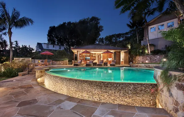 Картинка деревья, дизайн, огни, пальмы, вилла, дома, вечер, бассейн