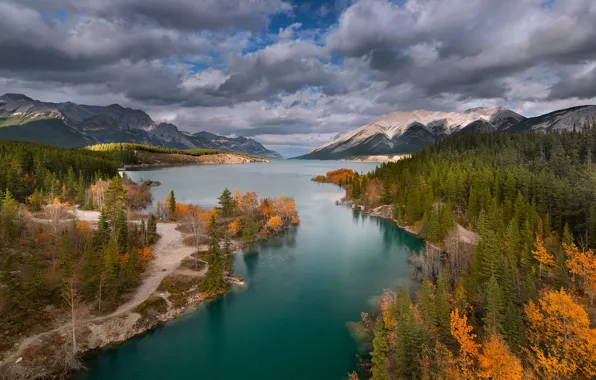 Осень, облака, пейзаж, горы, природа, озеро, Канада, леса